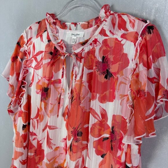 Haver and Blair plus size 2X blouse chiffon ruffle sleeve white orange floral - Picture 6 of 12